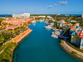 Fototapeta na wymiar Harborside Villas aerial view and Paradise Lake at Paradise Island, Nassau Harbour, Bahamas.