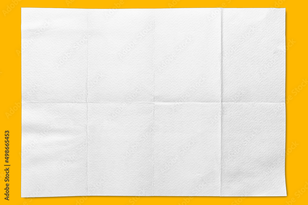 Poster empty folded sheet watercolor papar texture of white paper isolated on a yellow background