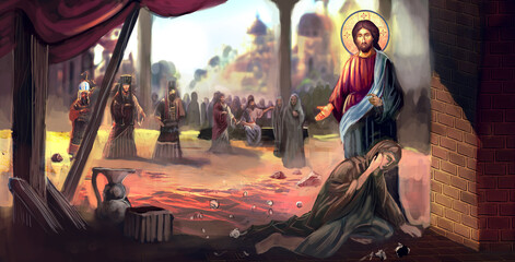 Jesus and the woman taken in adultery - obrazy, fototapety, plakaty