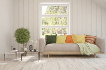 White living room with sofa and summer landscape in window. Scandinavian interior design. 3D illustration