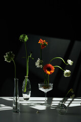 Vertical modern still life composition of various fresh flowers in transparent glass vases and...