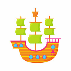 Obraz premium Little ship, boat, flat style cartoon vector illustration isolated on white background. Flat cartoon vector illustration of toy boat