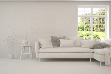 Mock up of stylish room in white color with sofa and green landscape in window. Scandinavian interior design. 3D illustration