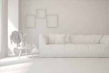 White minimalist living room with sofa. Scandinavian interior design. 3D illustration