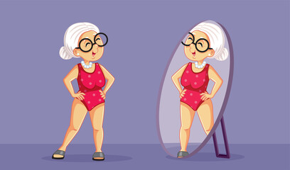 Senior Woman Trying on Swimsuit Vector Illustration