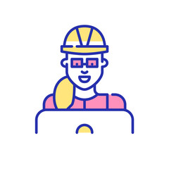 Young professional woman wearing hard hat. Architect or engineer working or learning at laptop. Pixel perfect, editable stroke fun color icon 