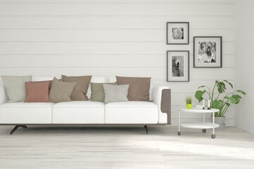 White living room with sofa. Scandinavian interior design. 3D illustration