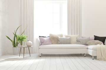 White living room with sofa. Scandinavian interior design. 3D illustration