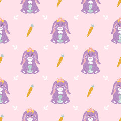 Rabbit with Easter egg and carrot on pink background, vector seamless pattern