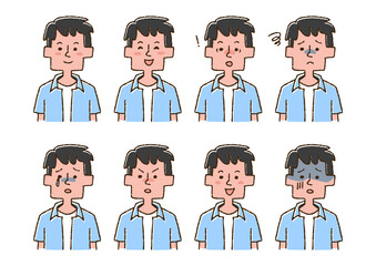 いろんな表情のパパのアイコンセット　コミカルな手書きの人物　ベクター、線画にカラー