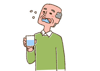 うがいをする高齢男性　コミカルな手書きの人物　ベクター、線画にカラー