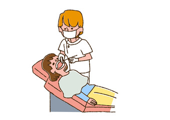 女性患者の歯石を取る歯科衛生士　コミカルな手書きの人物　ベクター、線画にカラー