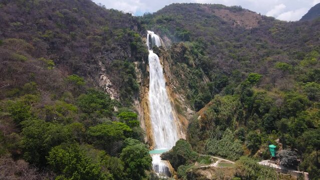 El Chiflon Waterfall in Chiapas Mexico, 4K aerial pull-away reveal