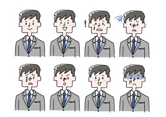 いろんな表情のサラリーマンのセット　コミカルな手書きの人物　ベクター、線画にカラー
