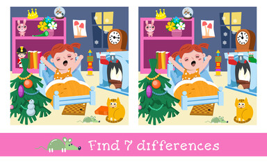 Find 7 differences. Game for children. Christmas night with cute girl in room. Hand drawn full color illustration. Vector flat cartoon picture.