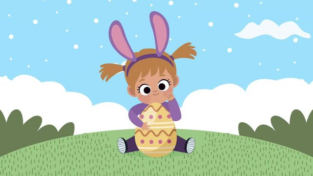 happy easter animation with girl seated with egg painted