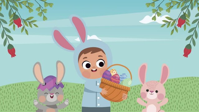 happy easter animation with boy and bunnies