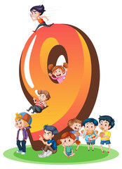 Obraz na płótnie Canvas Nine kids with number nine cartoon