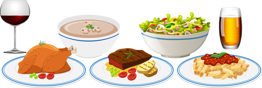 Set of various foods on white background