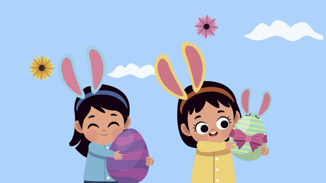 happy easter animation with girls and eggs painted