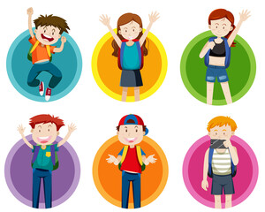 Set of boys and girls with backpack on their back