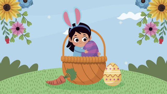 happy easter animation with girl and eggs in basket