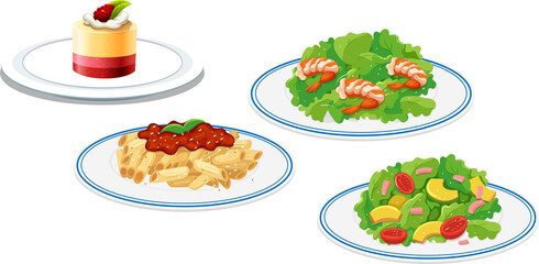 Set of different foods on plates