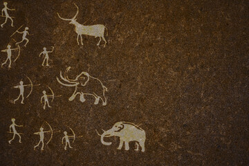 Primitive people hunt mammoth rock paintings illustration. Primitive bow and spear hunters attack ancient. Cave painting