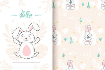 card, seamless pattern of a cute bunny. children concept. Happy easter rabbits different poses cartoon characters. Bunny with floral leafs. Design for baby, kids poster, card, invitaton. Vector