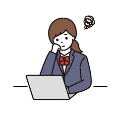パソコンの前で頬杖をつき悩んでいる学生服の女子高生
