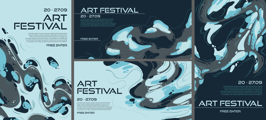 Abstract posters or flyers for art festival, creative backgrounds with discrete painting blue and grey colors, liquid stains, shapes and splashes. Paint decoration, modern design, Vector illustration © klyaksun