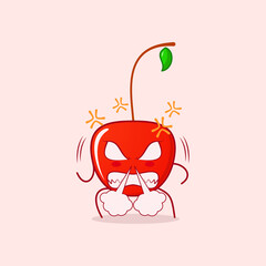 cute cherry cartoon character with angry expression. nose blowing smoke, eyes bulging and teeth grinning. red and green. suitable for logos, icons, symbols or mascots