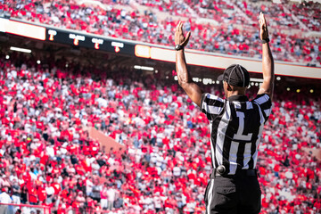 American Football Referee official signals a touchdown in a large football stadium.  - obrazy, fototapety, plakaty