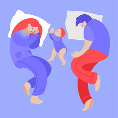 Happy family nap. Mother, father and baby sleeping together on bed top view.