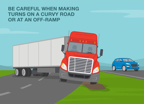 Safe heavy vehicle driving rules and tips. Be careful when making turns on a curvy road or at an off-ramp. Truck loses control and gets stuck while making turn on highway. Flat vector illustration.