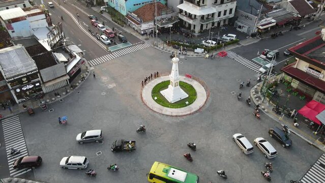 Aerial view of Tugu Yogyakarta Indonesia Landmark with busy traffic.