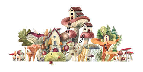 Watercolor illustration of forest houses and mushrooms isolated on white background. Fantasy illustration with rural houses, herbs and mushrooms.