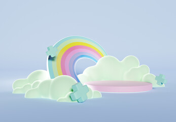 3D rendering of colorful pastel clouds and rainbow with empty space for kids or baby products.
