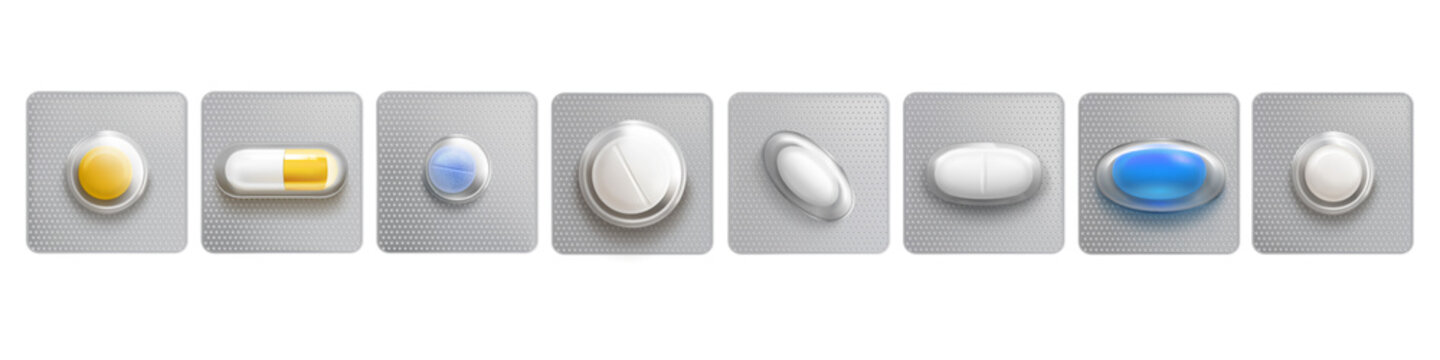 Blisters with one pill or tablet in pack, medicine capsules mock up. Isolated painkiller, antibiotics pharmacy, remedy package elements for medical advertising, Realistic 3d vector illustration, set