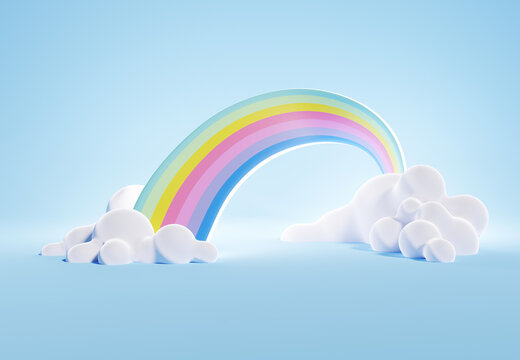 3D rendering of colorful pastel clouds and rainbow with empty space for kids or baby products.