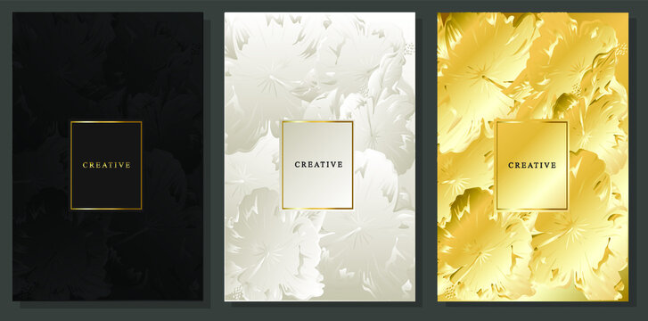 Luxury cover design. Hibiscus flowers pattern black, platinum and gold. Elegant brochures with hand-drawn floral motif