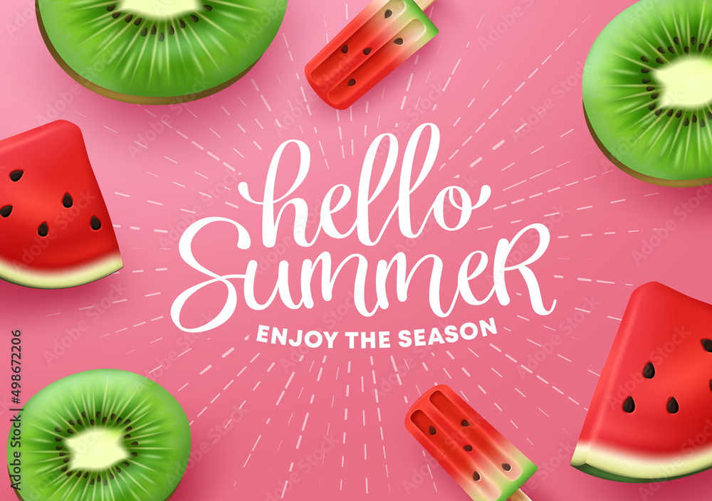 Poster hello summer vector background design. hello summer greeting text with fruits element of watermelon 