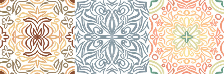 Set of watercolor illustrations - ceramic tile stylization with gray ornaments. Azulejos portugal, Turkish ornament, Moroccan tile mosaic, Talavera ornament.