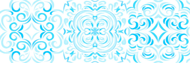 Set of watercolor illustrations - ceramic tile stylization with gray ornaments. Azulejos portugal, Turkish ornament, Moroccan tile mosaic, Talavera ornament.