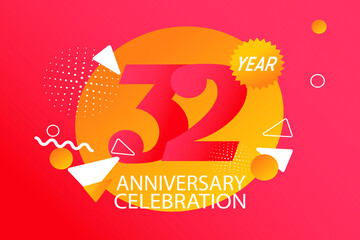 32 year anniversary celebration logotype. anniversary logo with orange and white color isolated on black background, vector design for celebration, invitation card, and greeting card - Vector