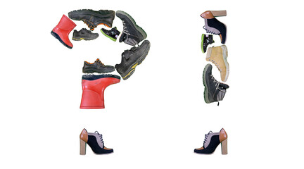 Naklejka premium Question mark and exclamation mark made of shoes