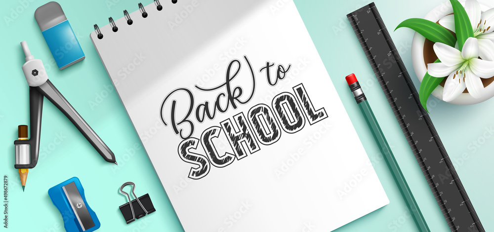 Poster back to school vector concept design. back to school text in note pad element with educational tools