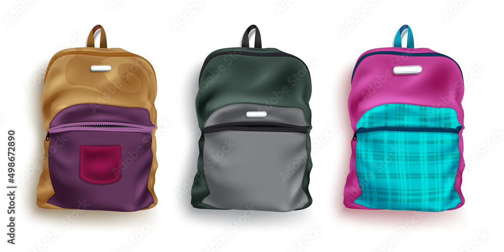 Poster backpack vector set design. 3d bag pack graphic collection isolated in white background with colorfu