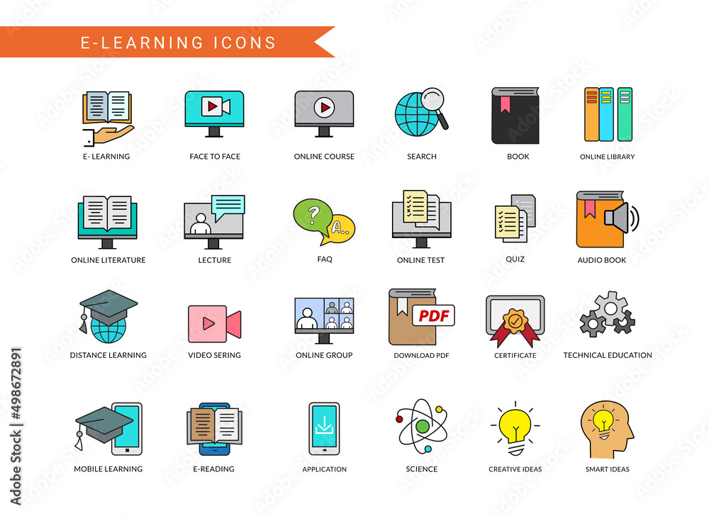 Poster e-learning icon vector set. elearning study icons with educational collection of book, computer and 