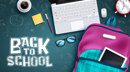 Back to school vector background design. Back to school text in chalkboard background with backpack and laptop educational elements for online e-learning. Vector illustration.